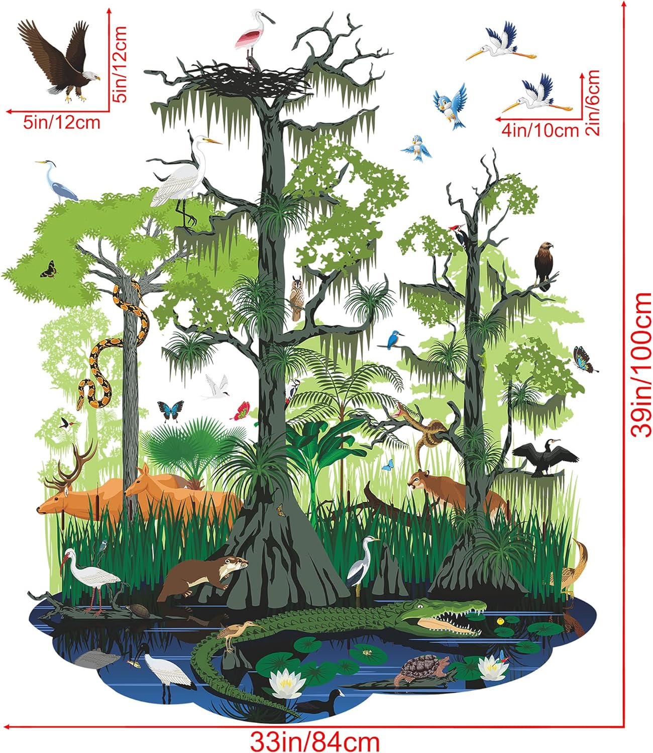 Amaonm Creative 3D Natural Wild Forest Tree Wall Decals Animals Crocodile, Bird, Pond, Snake, Lotus, Deer, Grass Peel and Stick Art Decor Wall Stickers for Kids Babys Bedroom Playroom Bathroom
