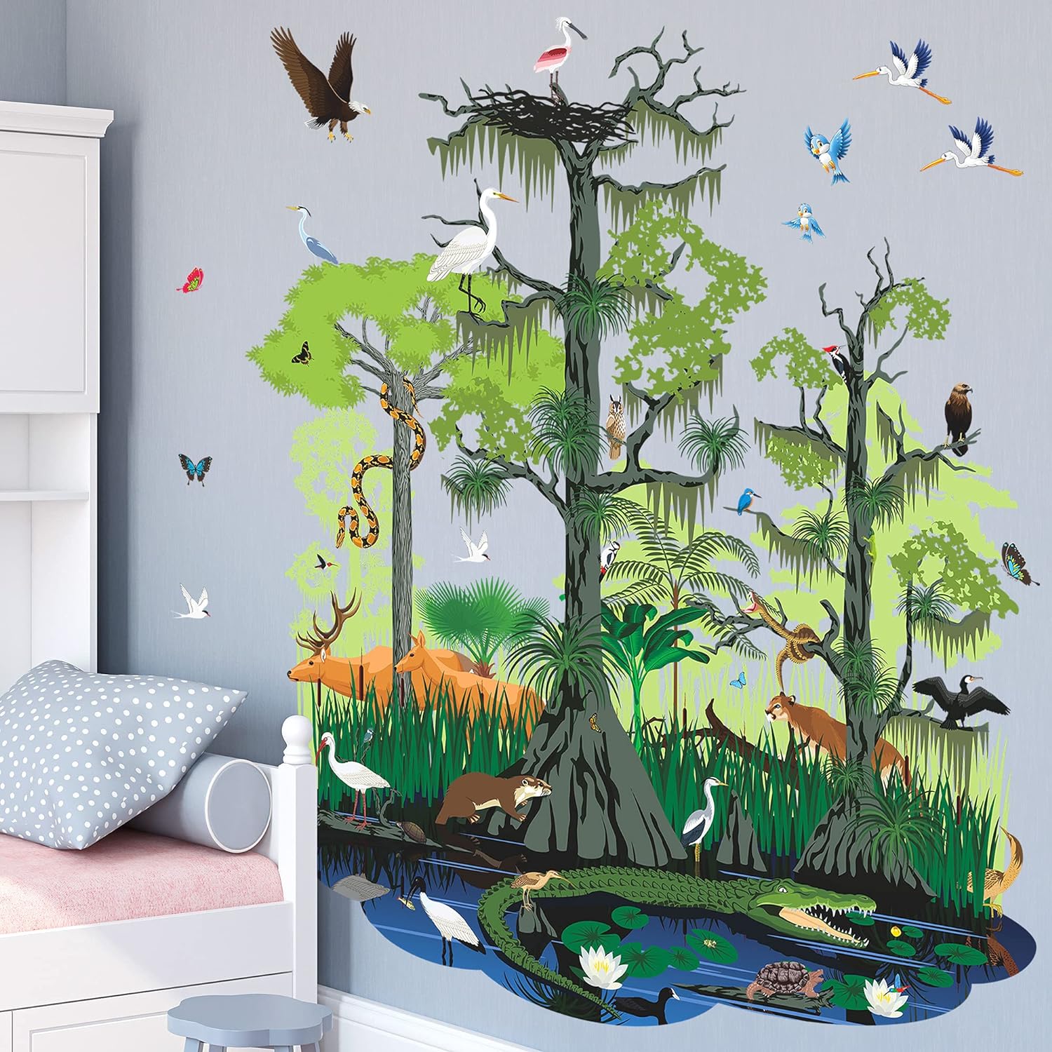 Amaonm Creative 3D Natural Wild Forest Tree Wall Decals Animals Crocodile, Bird, Pond, Snake, Lotus, Deer, Grass Peel and Stick Art Decor Wall Stickers for Kids Babys Bedroom Playroom Bathroom