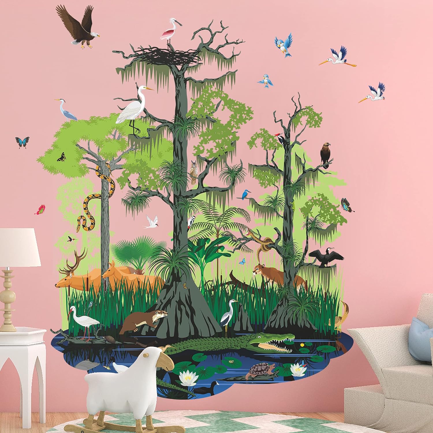 Amaonm Creative 3D Natural Wild Forest Tree Wall Decals Animals Crocodile, Bird, Pond, Snake, Lotus, Deer, Grass Peel and Stick Art Decor Wall Stickers for Kids Babys Bedroom Playroom Bathroom