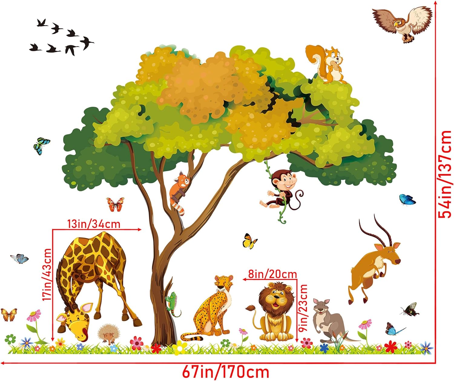 Jungle Animal and Tree Wall Decals Removeable DIY Flower Lion Giraffe Owls Wall Sticker Peel and Stick Wall Decor for Nursery Kids Room Bedroom Living Room