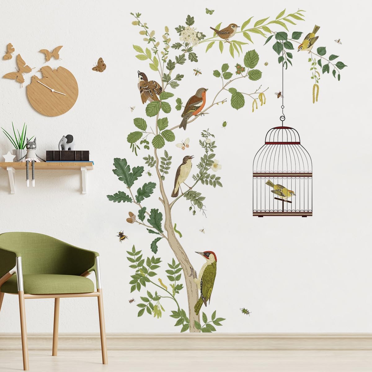Removable Tree Bracnch Wall Decal Fresh Plant Leaves Wall Sticker Birds and Hanging Birdcage Wall Decor for Kids Girls Baby Boys Bedroom Living Room...