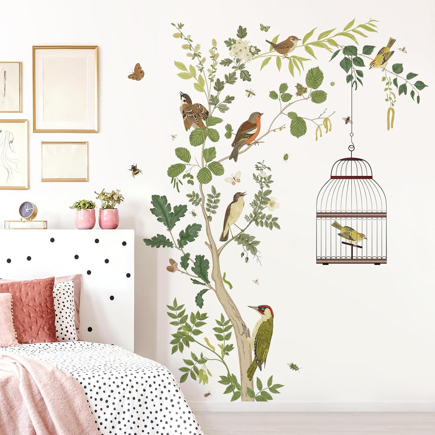 Removable Tree Bracnch Wall Decal Fresh Plant Leaves Wall Sticker Birds and Hanging Birdcage Wall Decor for Kids Girls Baby Boys Bedroom Living Room...