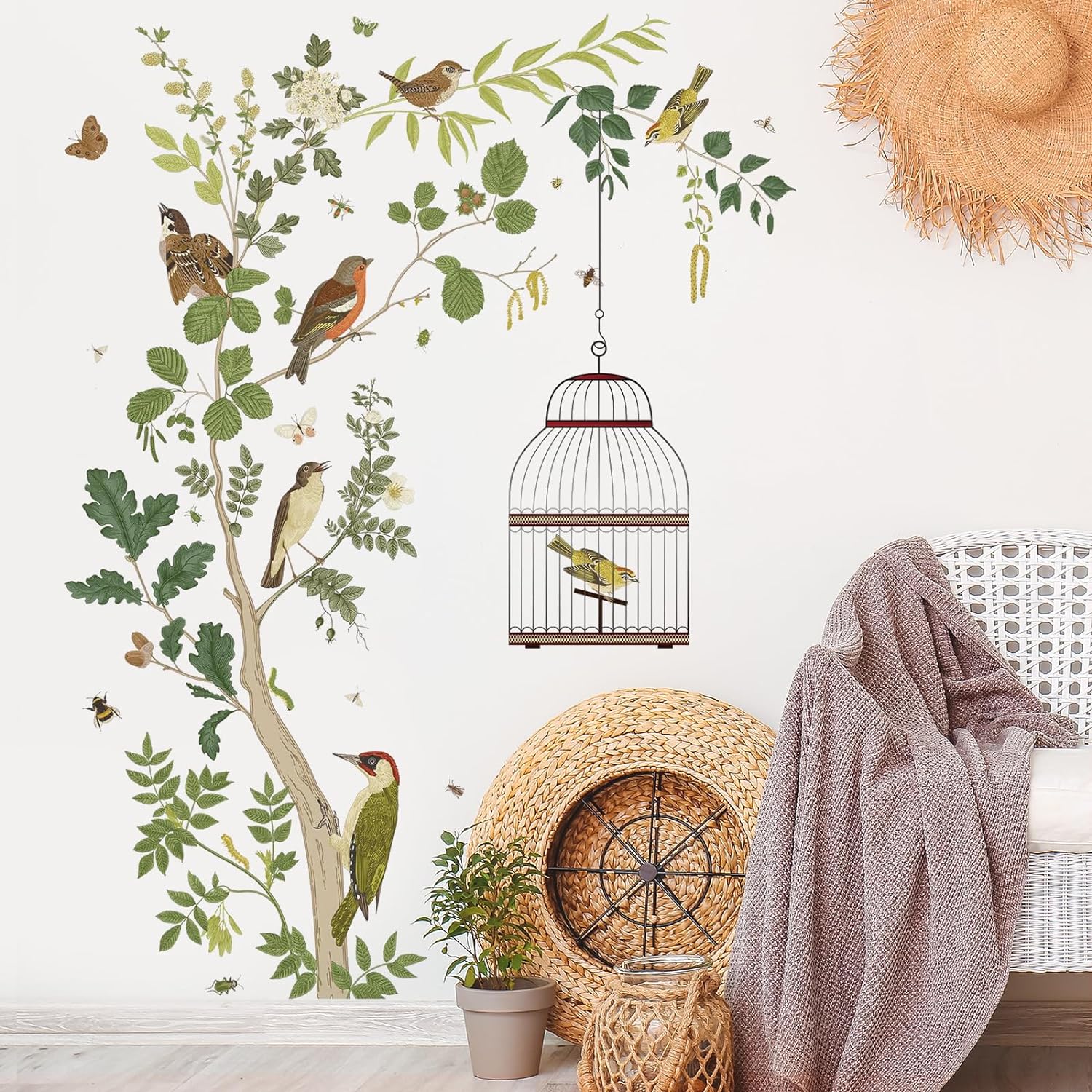 Removable Tree Bracnch Wall Decal Fresh Plant Leaves Wall Sticker Birds and Hanging Birdcage Wall Decor for Kids Girls Baby Boys Bedroom Living Room...