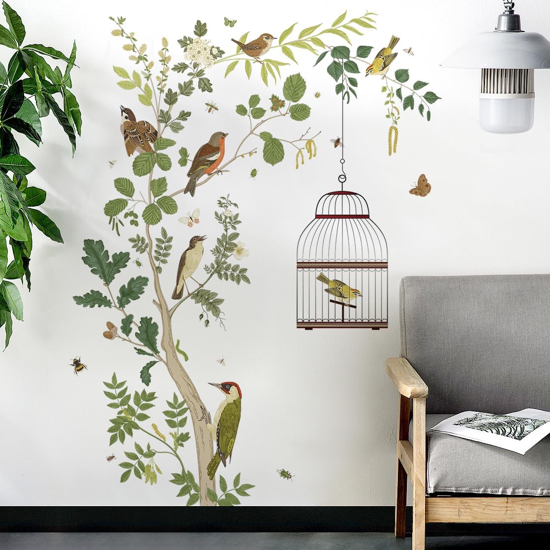 Removable Tree Bracnch Wall Decal Fresh Plant Leaves Wall Sticker Birds and Hanging Birdcage Wall Decor for Kids Girls Baby Boys Bedroom Living Room...