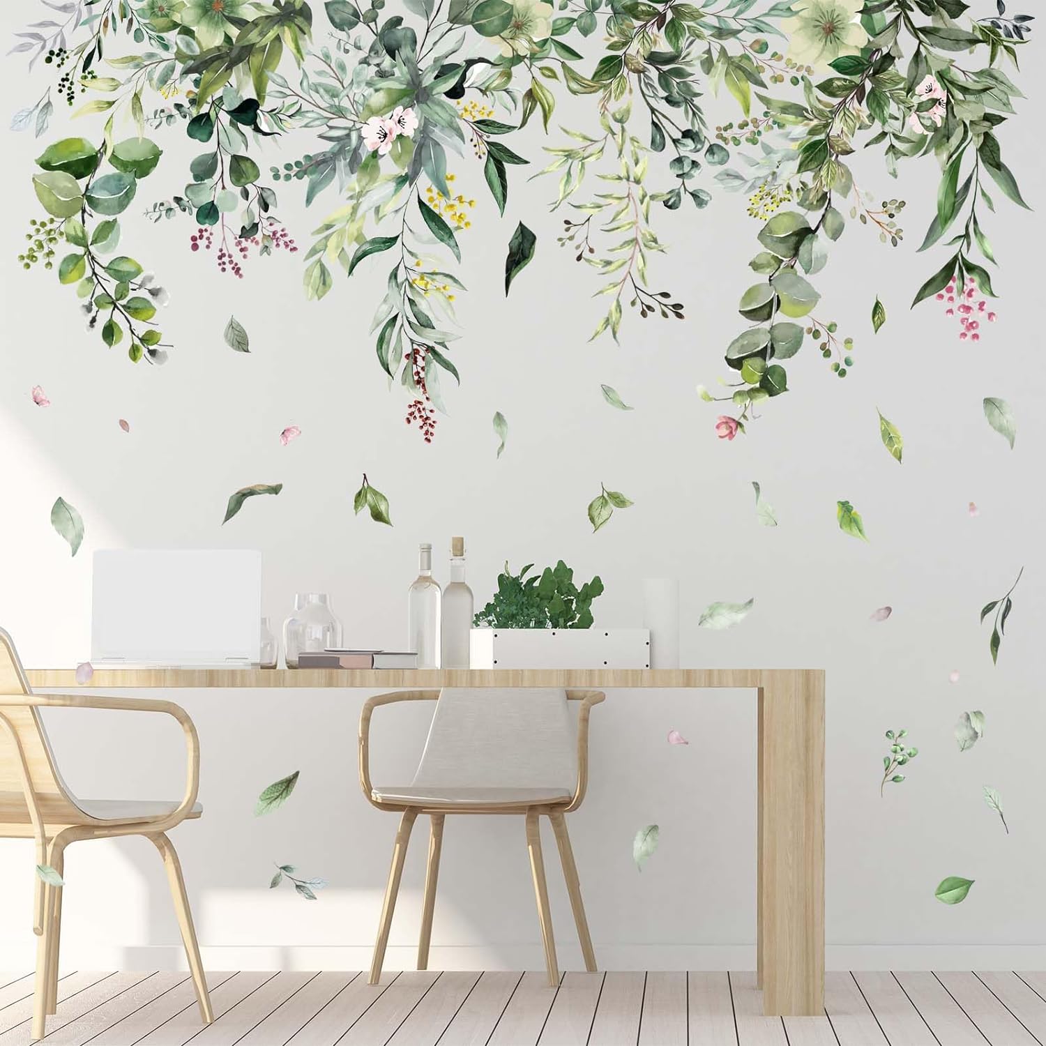 Green Hanging Vine Wall Stickers - Nature Plants Flower Leaves Wall Decals - Bedroom Living Room Sofa TV Background Home Wall Decor
