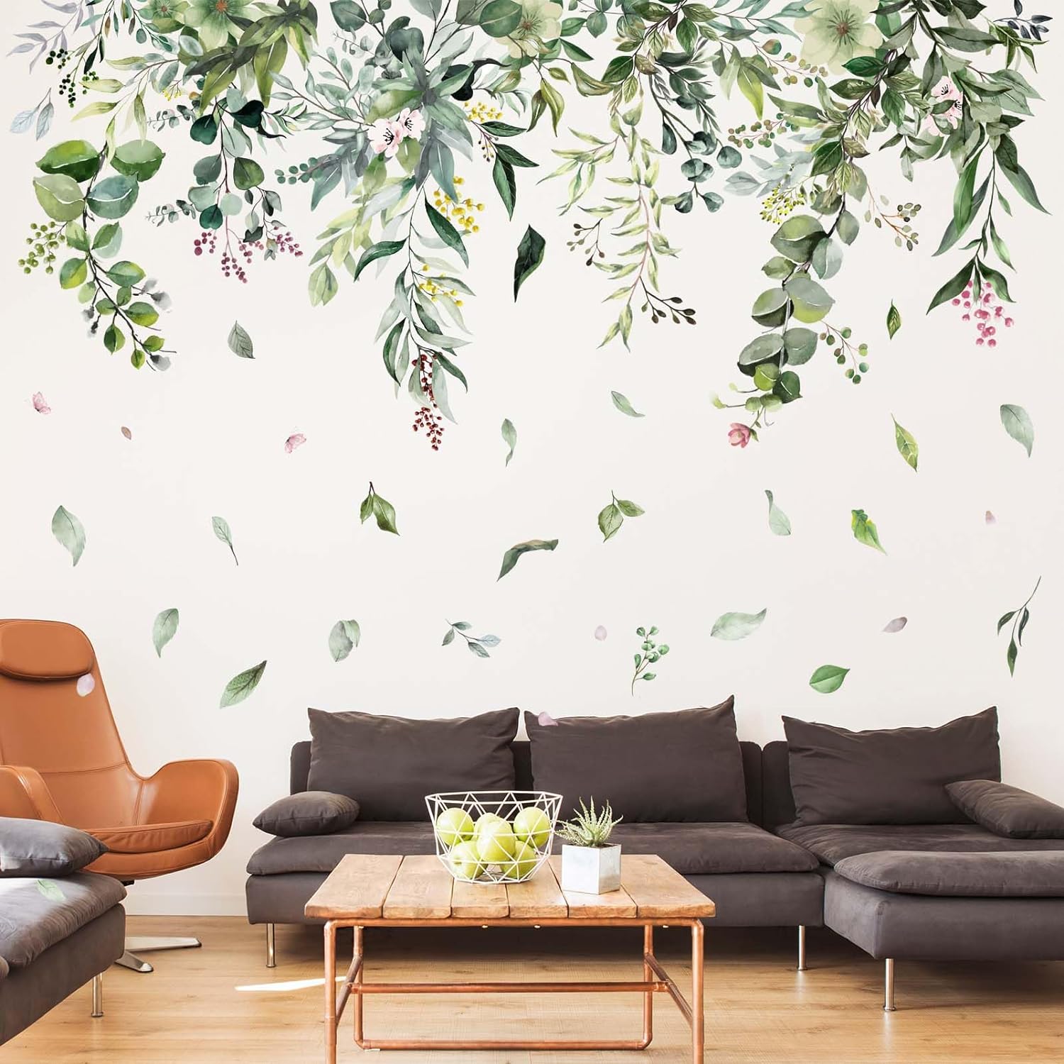 Green Hanging Vine Wall Stickers - Nature Plants Flower Leaves Wall Decals - Bedroom Living Room Sofa TV Background Home Wall Decor