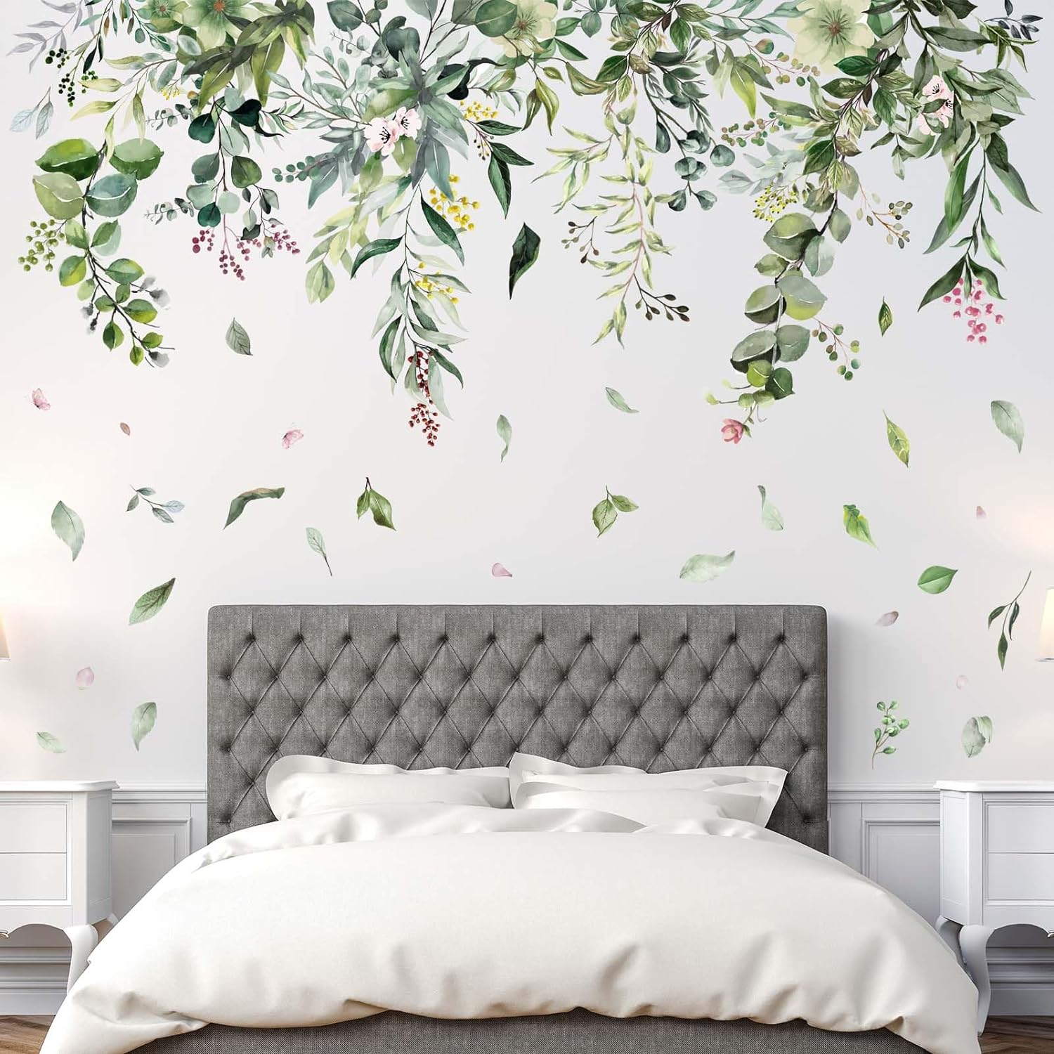 Green Hanging Vine Wall Stickers - Nature Plants Flower Leaves Wall Decals - Bedroom Living Room Sofa TV Background Home Wall Decor