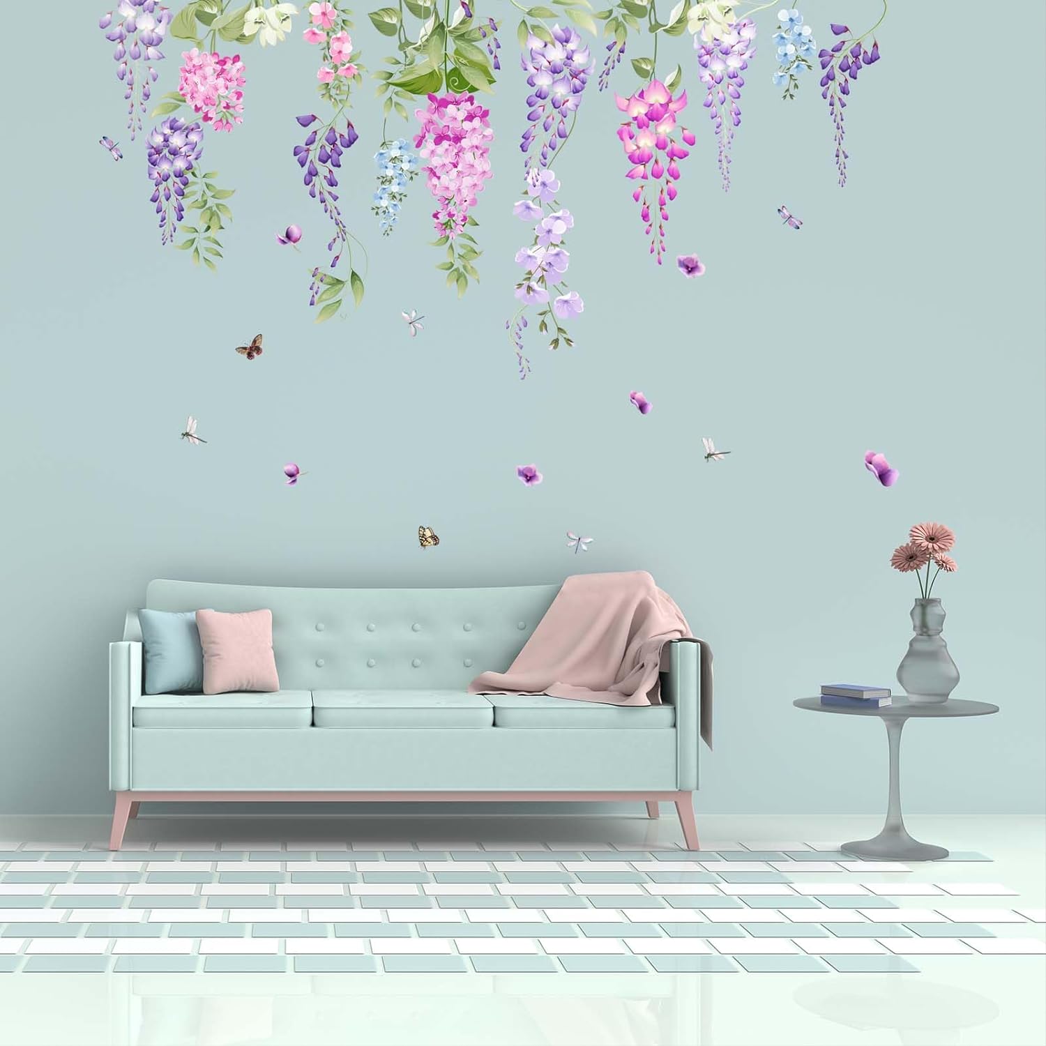 Watercolor Flower Wall Stickers - Purple Hanging Vines Floral Wall Decals - Bedroom Living Room Sofa TV Background Home Wall Stickers