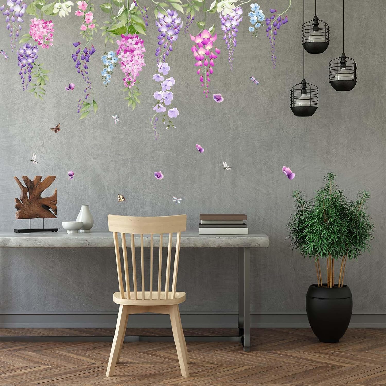 Watercolor Flower Wall Stickers - Purple Hanging Vines Floral Wall Decals - Bedroom Living Room Sofa TV Background Home Wall Stickers