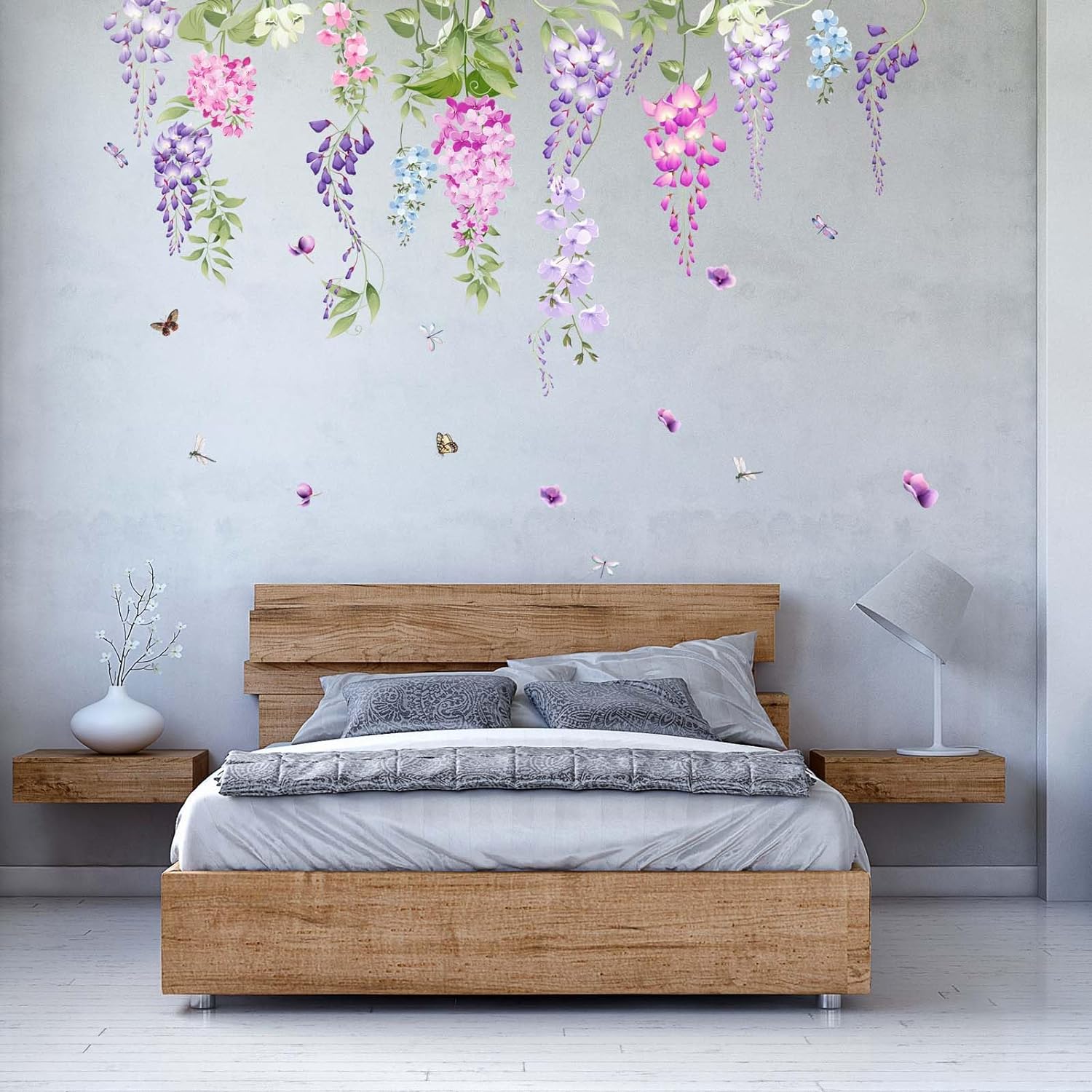 Watercolor Flower Wall Stickers - Purple Hanging Vines Floral Wall Decals - Bedroom Living Room Sofa TV Background Home Wall Stickers