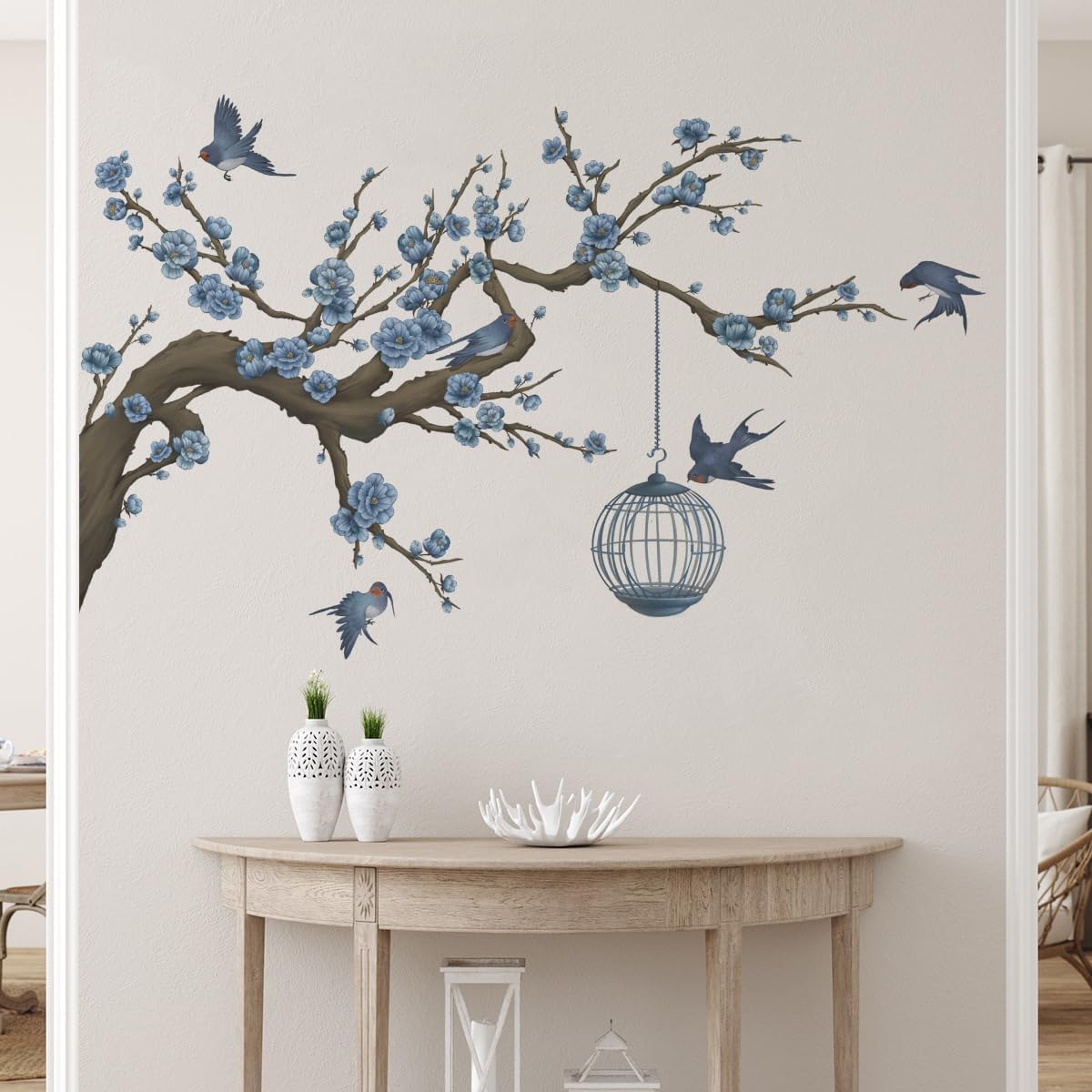 Cherry Blossom Flower Wall Decals Tree Branch Blue Floral Wall Art Stickers Birds Wall Decor for Living Room Bedroom Office