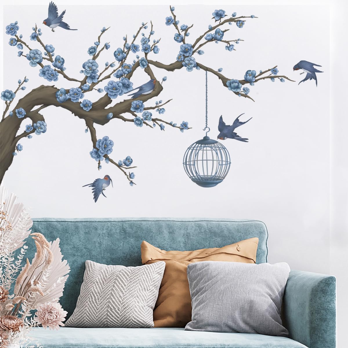 Cherry Blossom Flower Wall Decals Tree Branch Blue Floral Wall Art Stickers Birds Wall Decor for Living Room Bedroom Office