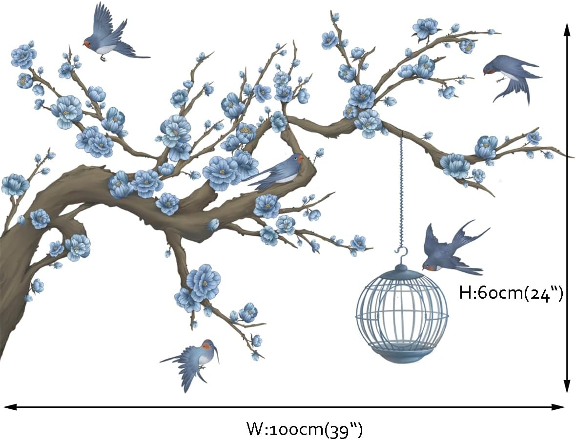 Cherry Blossom Flower Wall Decals Tree Branch Blue Floral Wall Art Stickers Birds Wall Decor for Living Room Bedroom Office