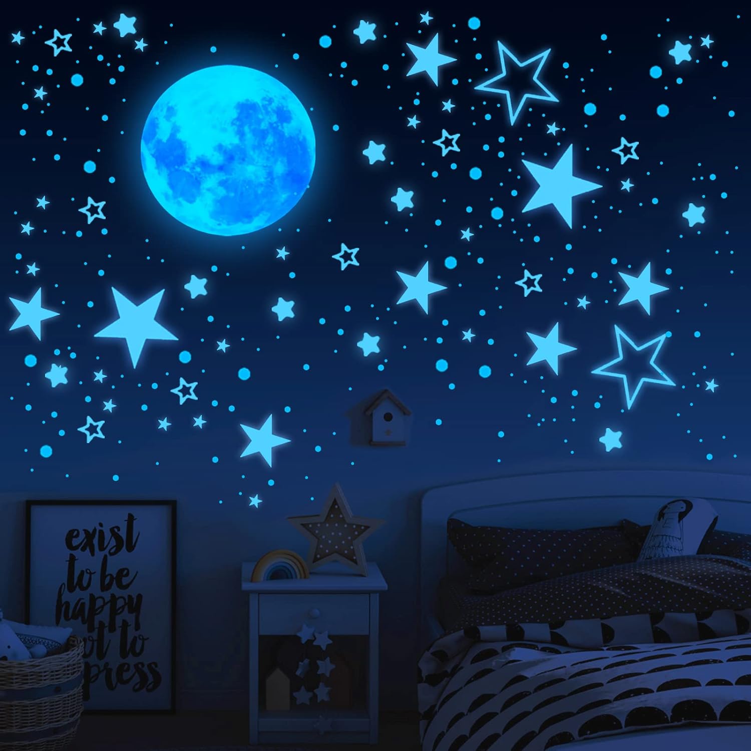 Glow in The Dark Stars for Ceiling, 1049PCS Wall Stickers Including Moon and Stars Decor, Glow in The Dark Wall Decals for Kids Room