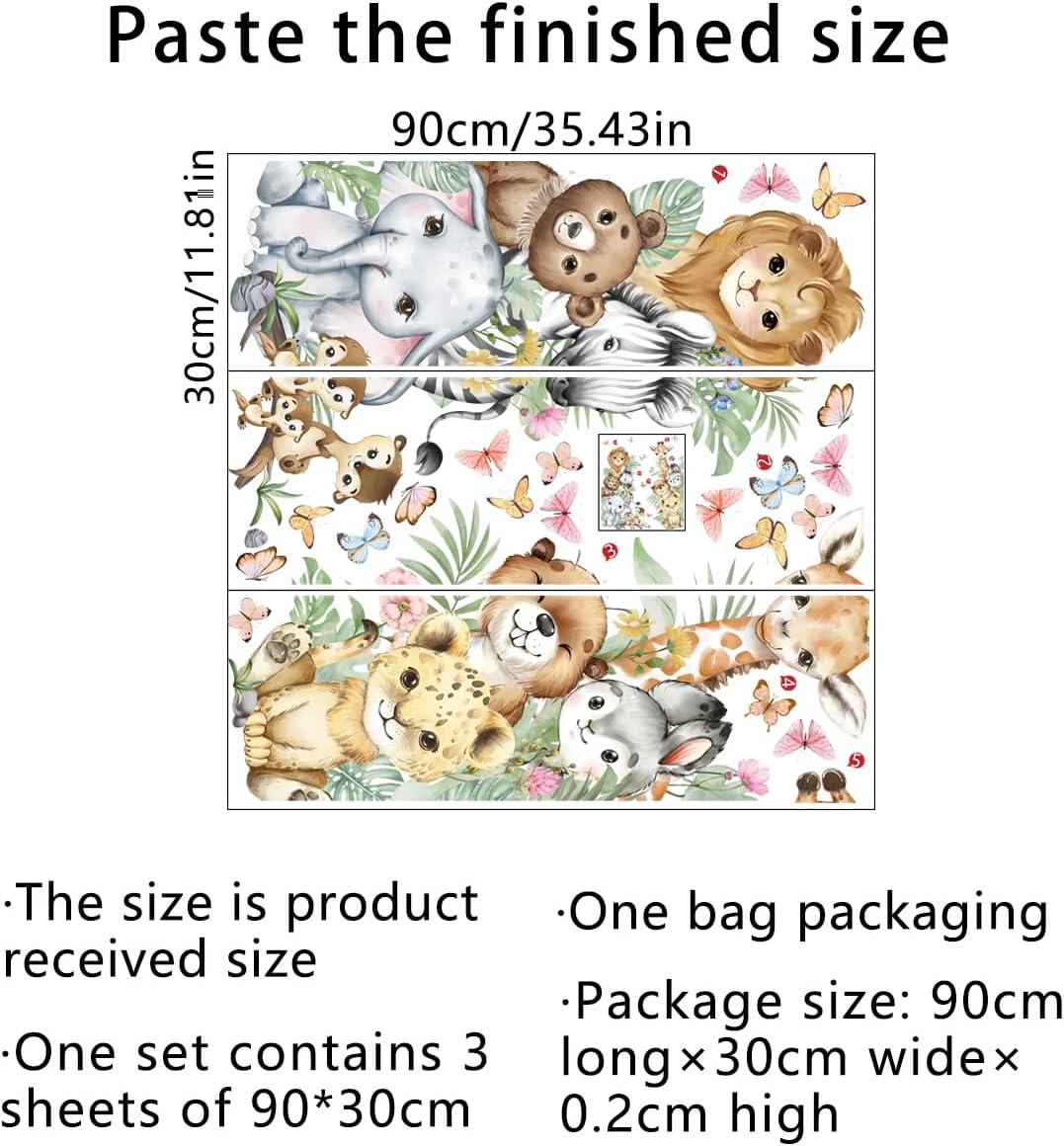Watercolor Jungle Animal Wall Decals Tiger Elephant Giraffe Zebra Lion Wall Stickers Removable Animal Wall Decals Stickers Decor for Baby's Nursery Playroom Bedroom Classroom Kindergarten Wall Decor