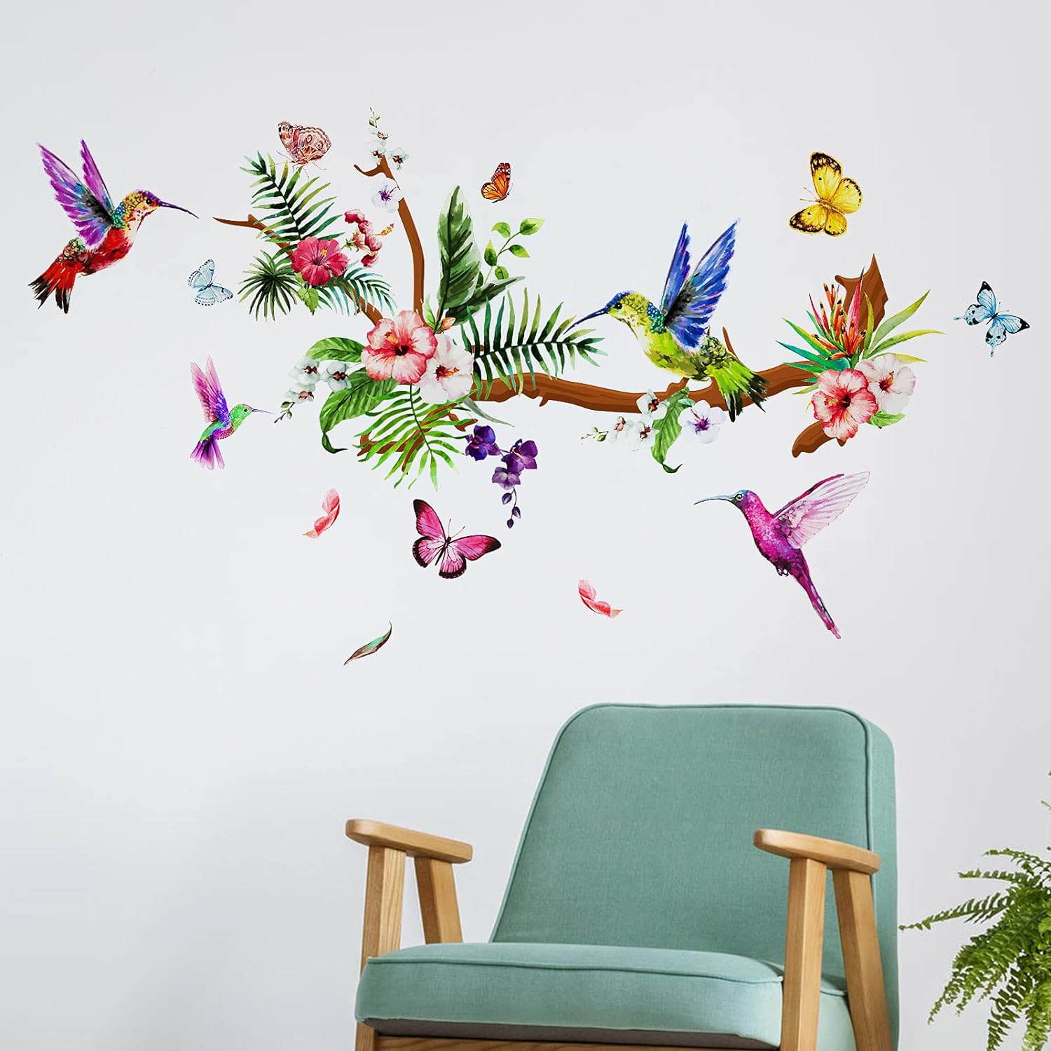 Hummingbirds Wall Decals Peel and Stick Birds Vinyl Wall Stickers Butterfly Flowers Colorful Wall Stickers Hummingbird on The Tree Branch Flower Decals...