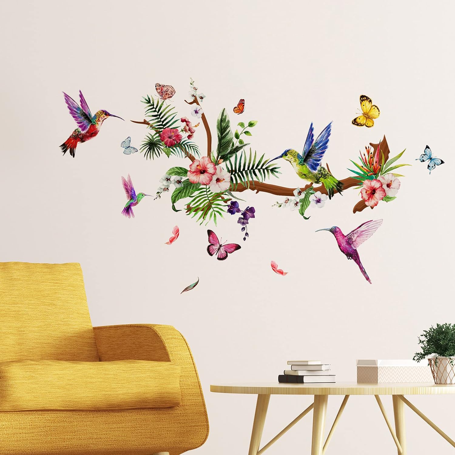 Hummingbirds Wall Decals Peel and Stick Birds Vinyl Wall Stickers Butterfly Flowers Colorful Wall Stickers Hummingbird on The Tree Branch Flower Decals...