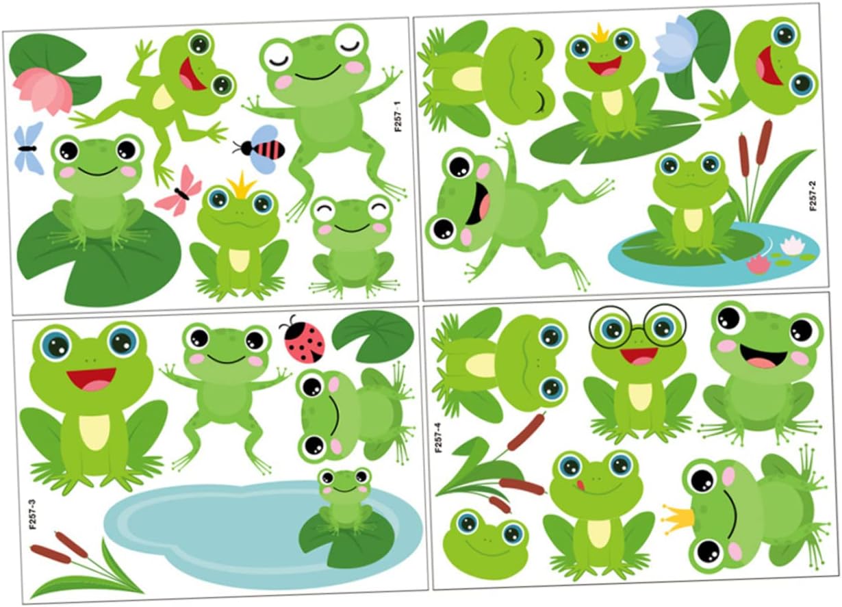 4 Sheets Frog Wall Sticker Kids Bedroom Wall Decals Jumping Frogs Wall Decal Cute Frog Wall Decals Spring Kids Room Decor Cartoon Decor Children's Room PVC Wallpaper
