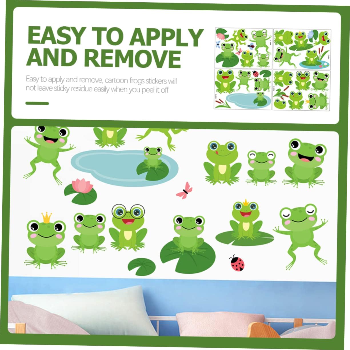 4 Sheets Frog Wall Sticker Kids Bedroom Wall Decals Jumping Frogs Wall Decal Cute Frog Wall Decals Spring Kids Room Decor Cartoon Decor Children's Room PVC Wallpaper