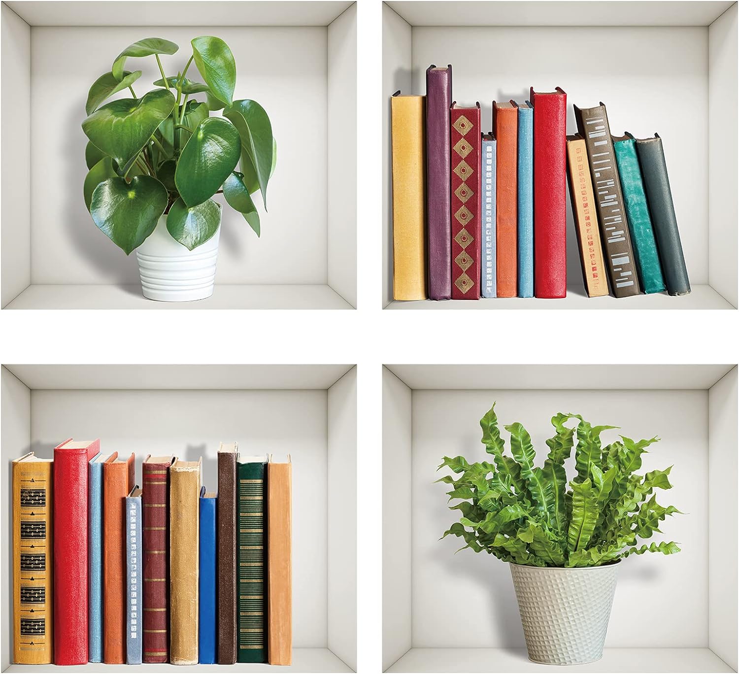 3D Plants Wall Decals Removable Wall Stickers 3D Books Green Plants Mural Wall Stickers Vinyl Wall Art Decor for Office Home Living Room Bedroom Wall Decoration (Set of 4, 12.5 x 11.2 Inch)