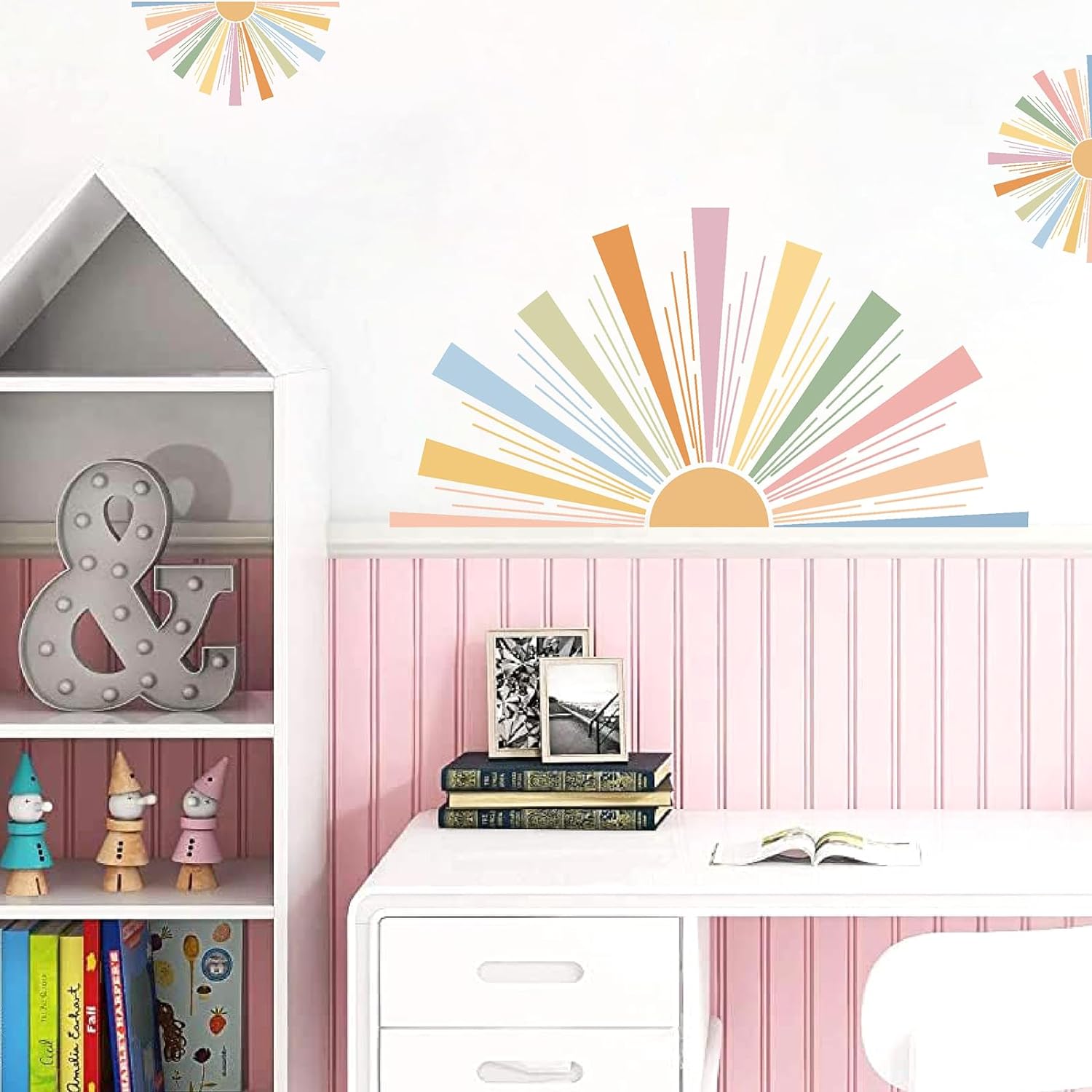 Half Sun Wall Decal Large Boho Sun Wall Stickers Half Rainbow Wall Decals Removable Art Vinyl Sun Wall Stickers Peel and Stick Rainbow Sun Wall Stickers for Kids Room Playroom Nursery Decor