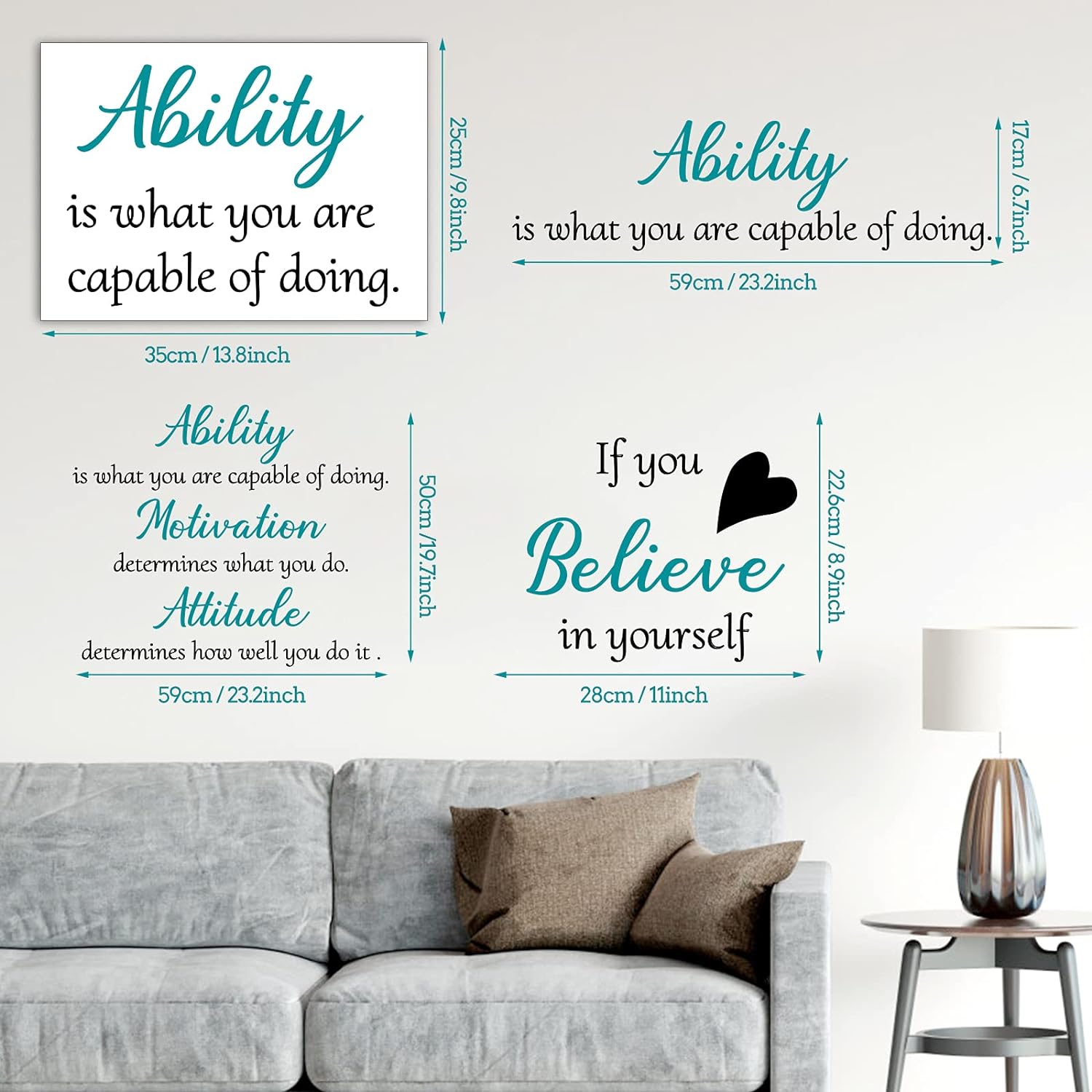 3 Sheets Vinyl Wall Quotes Stickers, Inspirational Saying Wall Decals Ability Motivation Attitude Quotes Stickers for Home Office School Classroom Teen Dorm Room Wall