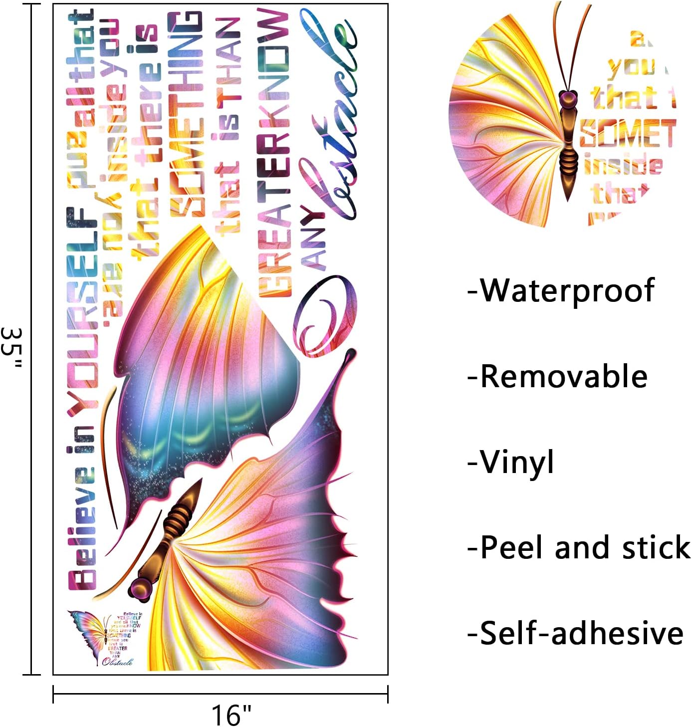 Mfault Inspirational Butterfly Believe in Yourself Quote Wall Decals Stickers, Large Motivational Saying Decoration Teens Girls Bedroom Living Room Art, Positive Phrase Women Home Kitchen Decor