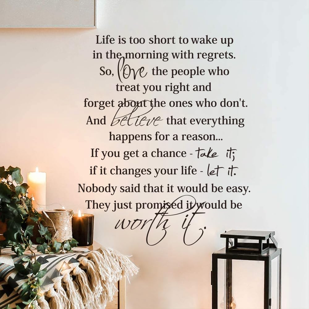 Life is Too Short to Wake Up in The Morning with Regrets,Inspirational Wall Decal Quotes,Living Room Bedroom Saying Sticker Wall Art Decor