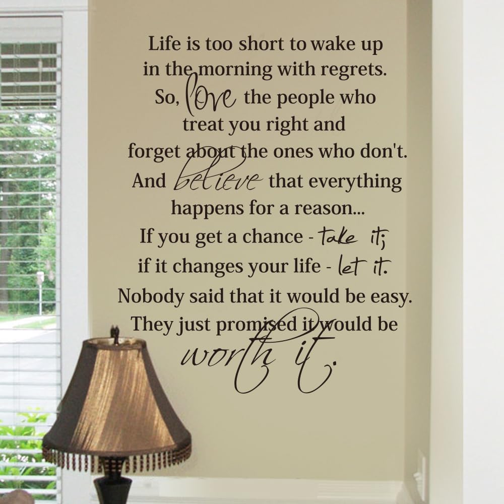 Life is Too Short to Wake Up in The Morning with Regrets,Inspirational Wall Decal Quotes,Living Room Bedroom Saying Sticker Wall Art Decor
