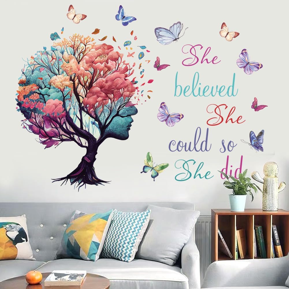Inspirational Wall Decal Quotes She Believe She Could So She Did Tree Wall Sticker Wall Art Positive Sayings Sticker Butterfly Wall Decal Sticker for Women Girls Bedroom Living Room Décor.