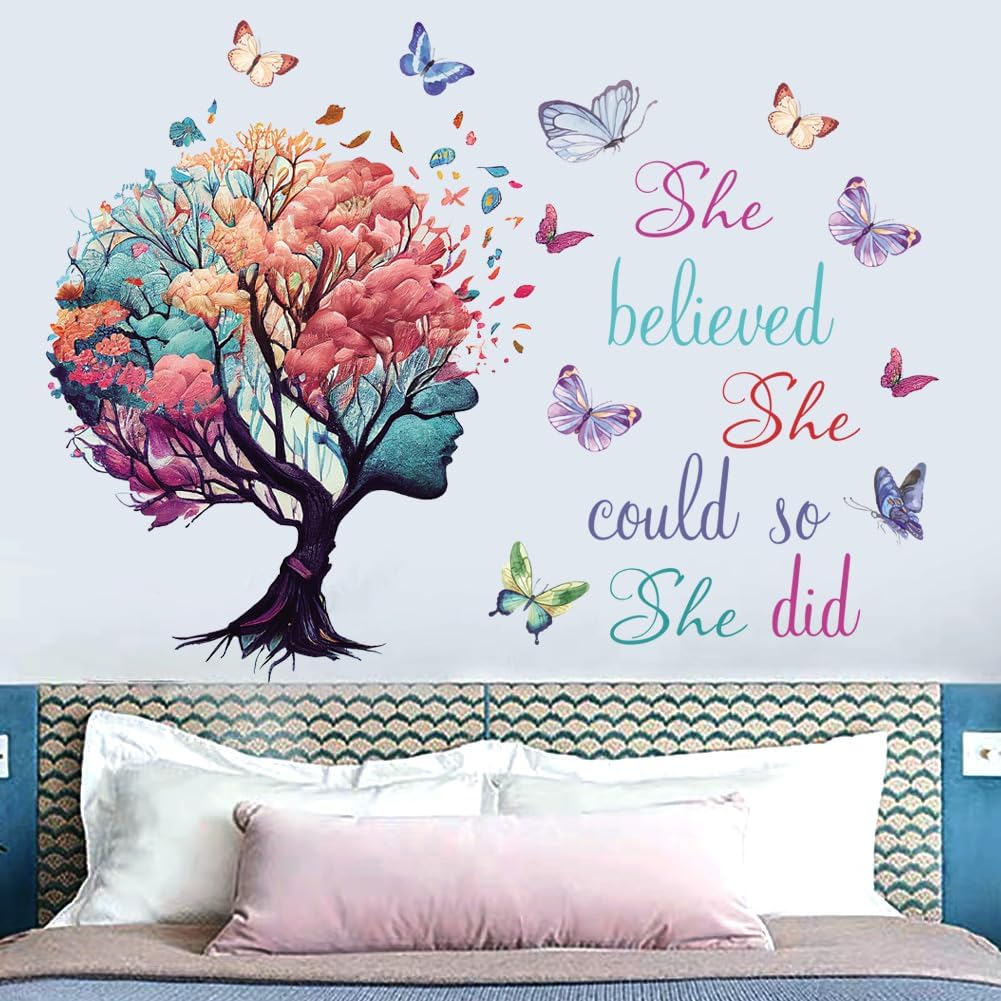 Inspirational Wall Decal Quotes She Believe She Could So She Did Tree Wall Sticker Wall Art Positive Sayings Sticker Butterfly Wall Decal Sticker for Women Girls Bedroom Living Room Décor.