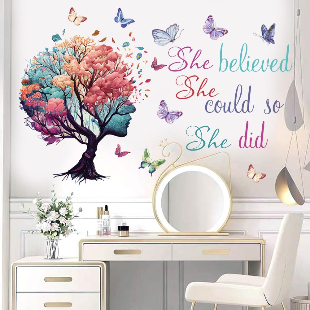 Inspirational Wall Decal Quotes She Believe She Could So She Did Tree Wall Sticker Wall Art Positive Sayings Sticker Butterfly Wall Decal Sticker for Women Girls Bedroom Living Room Décor.