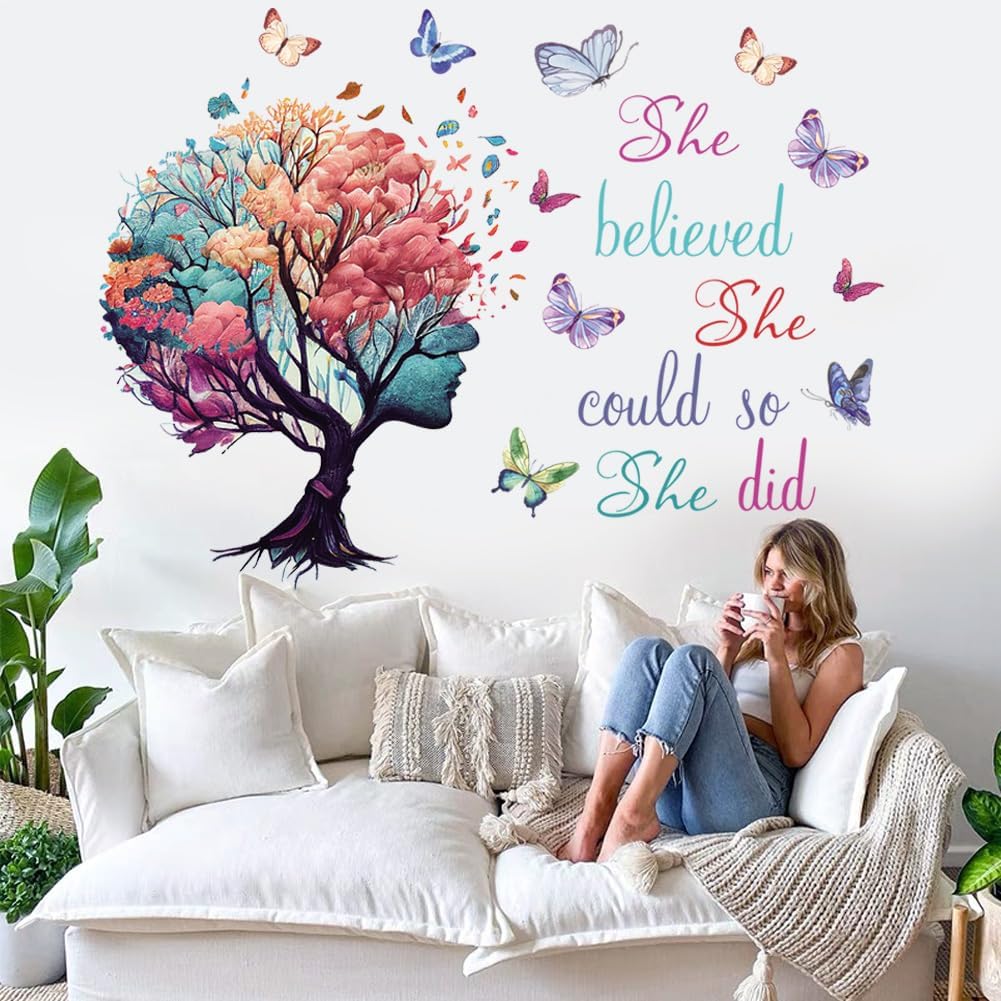 Inspirational Wall Decal Quotes She Believe She Could So She Did Tree Wall Sticker Wall Art Positive Sayings Sticker Butterfly Wall Decal Sticker for Women Girls Bedroom Living Room Décor.
