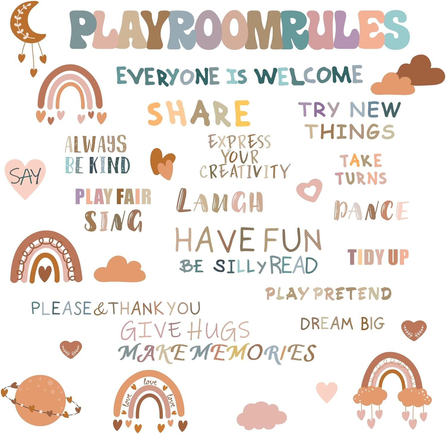 Inspirational Wall Decals Playroom Rules Wall Decal Peel and Stick Rainbow Quote Wall Sticker for Playroom Classroom School Motivational Lettering Sticker for Toddler Kids Room Nursery Decor