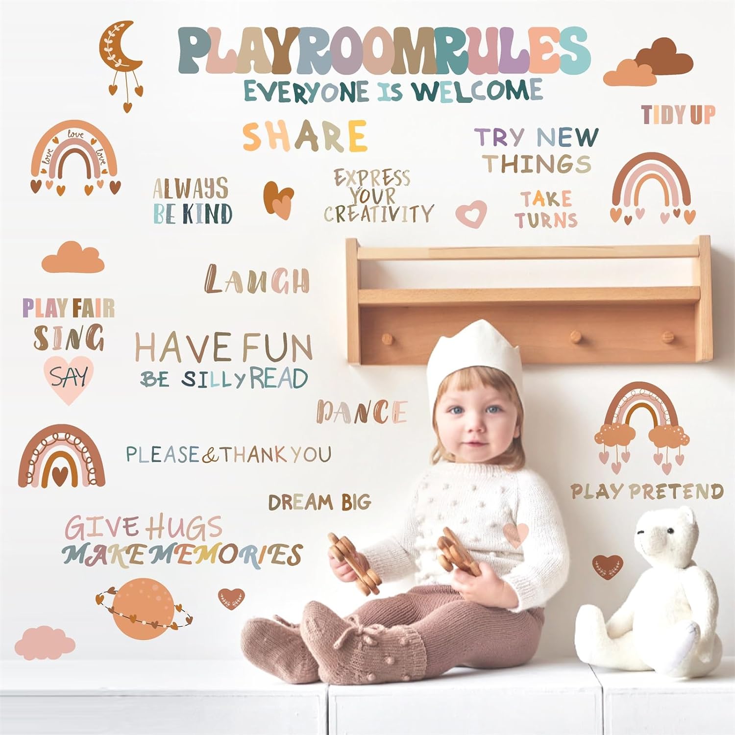 Inspirational Wall Decals Playroom Rules Wall Decal Peel and Stick Rainbow Quote Wall Sticker for Playroom Classroom School Motivational Lettering Sticker for Toddler Kids Room Nursery Decor