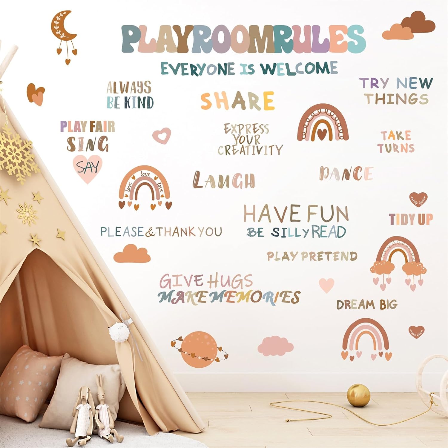 Inspirational Wall Decals Playroom Rules Wall Decal Peel and Stick Rainbow Quote Wall Sticker for Playroom Classroom School Motivational Lettering Sticker for Toddler Kids Room Nursery Decor