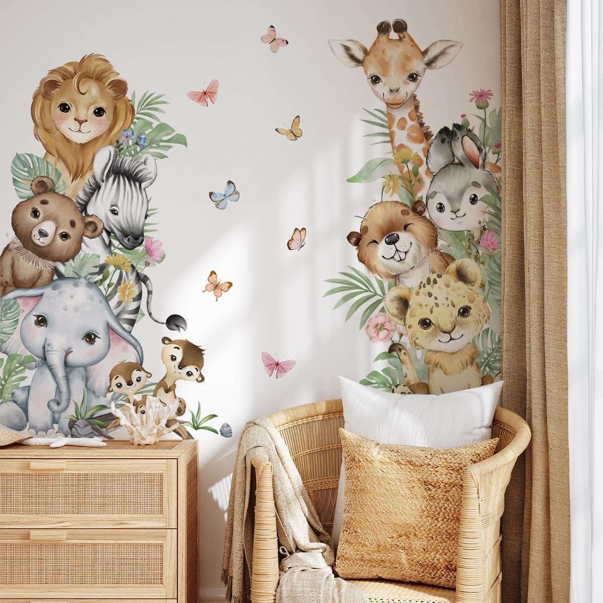 Watercolor Jungle Animal Wall Decals Tiger Elephant Giraffe Zebra Lion Wall Stickers Removable Animal Wall Decals Stickers Decor for Baby's Nursery Playroom Bedroom Classroom Kindergarten Wall Decor