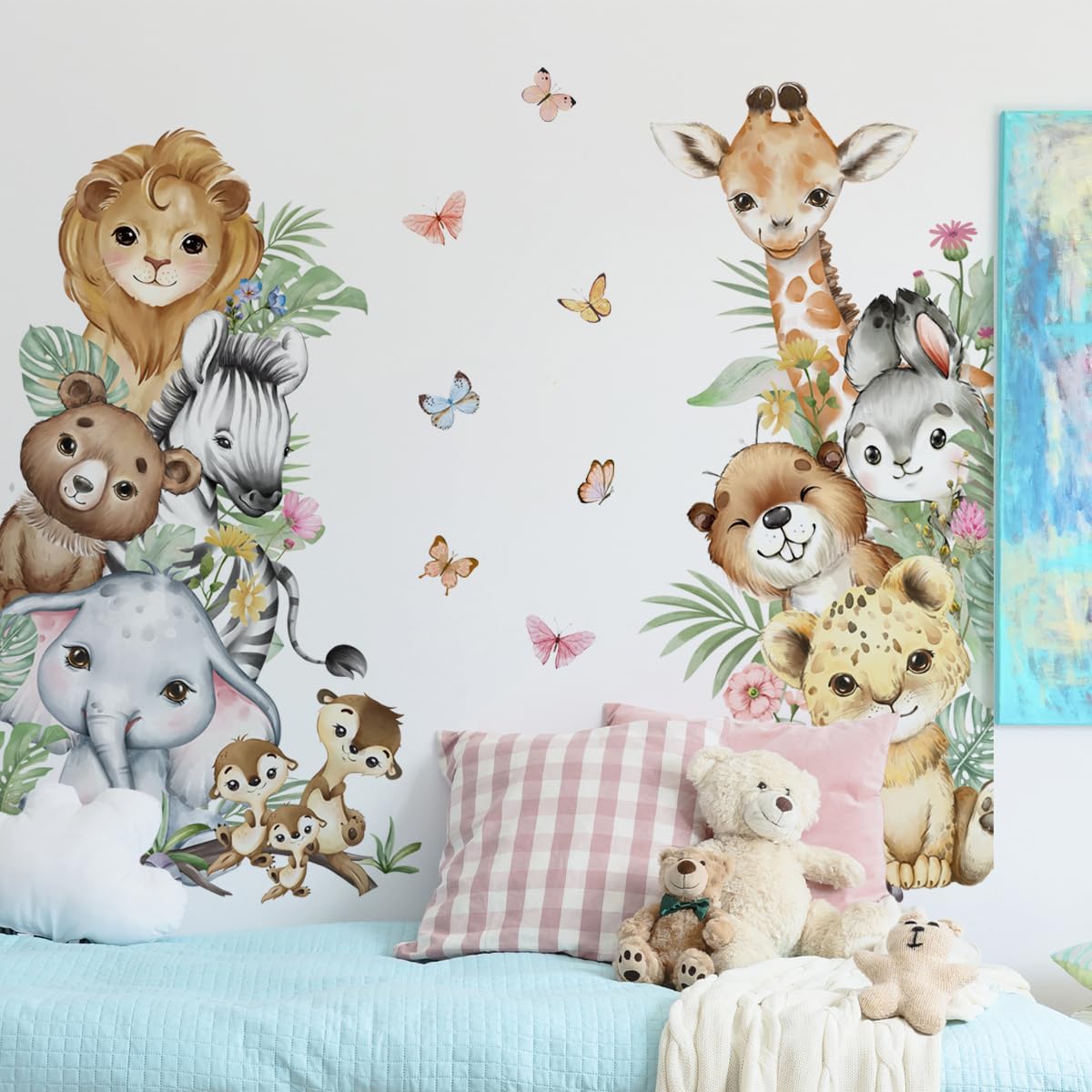 Watercolor Jungle Animal Wall Decals Tiger Elephant Giraffe Zebra Lion Wall Stickers Removable Animal Wall Decals Stickers Decor for Baby's Nursery Playroom Bedroom Classroom Kindergarten Wall Decor