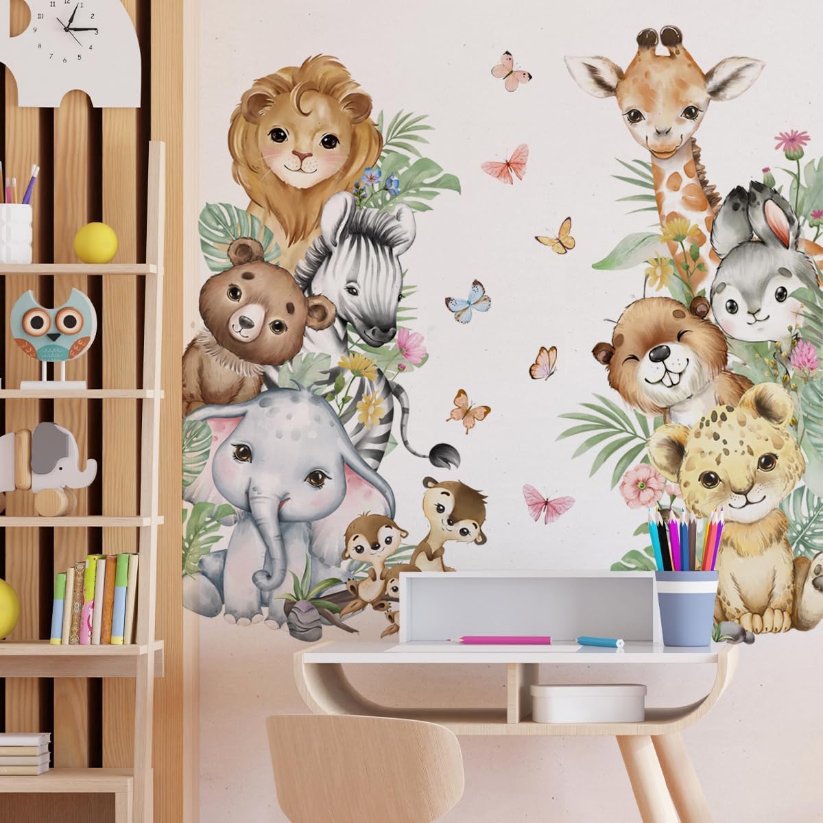 Watercolor Jungle Animal Wall Decals Tiger Elephant Giraffe Zebra Lion Wall Stickers Removable Animal Wall Decals Stickers Decor for Baby's Nursery Playroom Bedroom Classroom Kindergarten Wall Decor