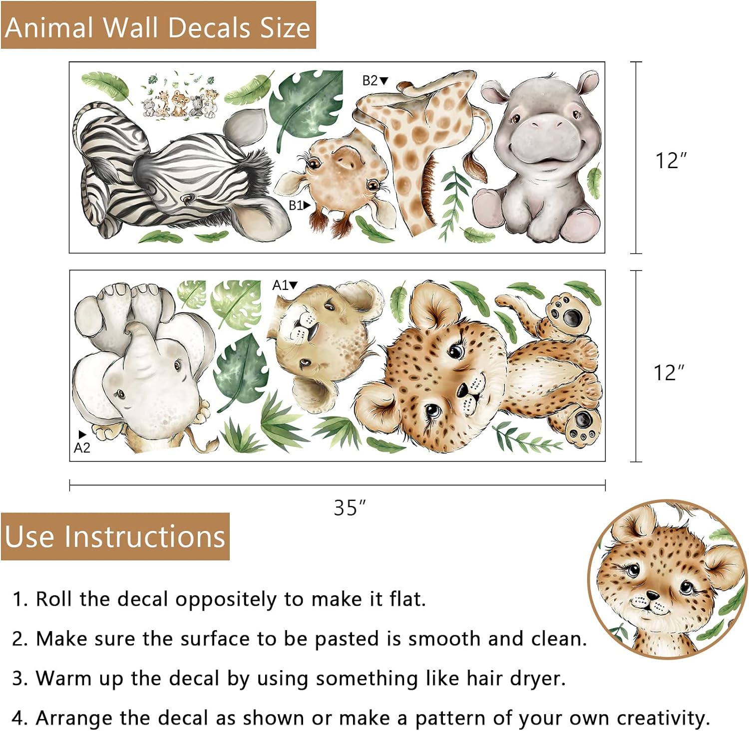 Yovkky Watercolor Baby Safari Animals Wall Decals Stickers, African Jungle Elephant Zebra Giraffe Hippo Lion Leopard Cheetah Kids Room Nursery Decor, Neutral Palm Leaf Crib Decorations Bedroom Art