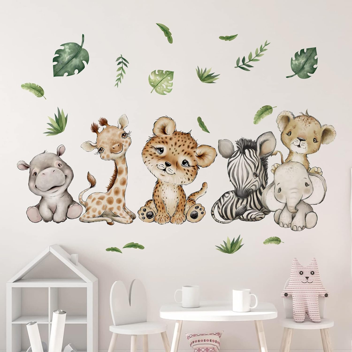 Yovkky Watercolor Baby Safari Animals Wall Decals Stickers, African Jungle Elephant Zebra Giraffe Hippo Lion Leopard Cheetah Kids Room Nursery Decor, Neutral Palm Leaf Crib Decorations Bedroom Art