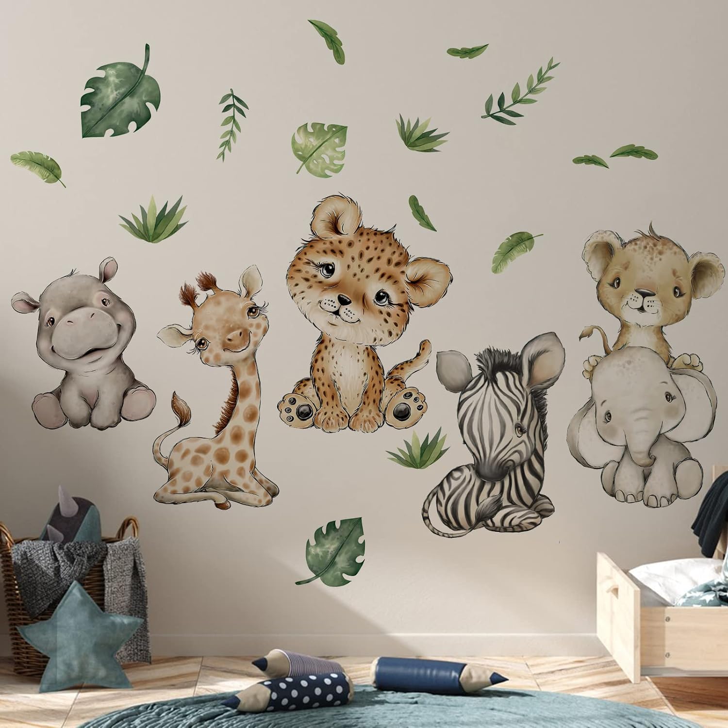 Yovkky Watercolor Baby Safari Animals Wall Decals Stickers, African Jungle Elephant Zebra Giraffe Hippo Lion Leopard Cheetah Kids Room Nursery Decor, Neutral Palm Leaf Crib Decorations Bedroom Art