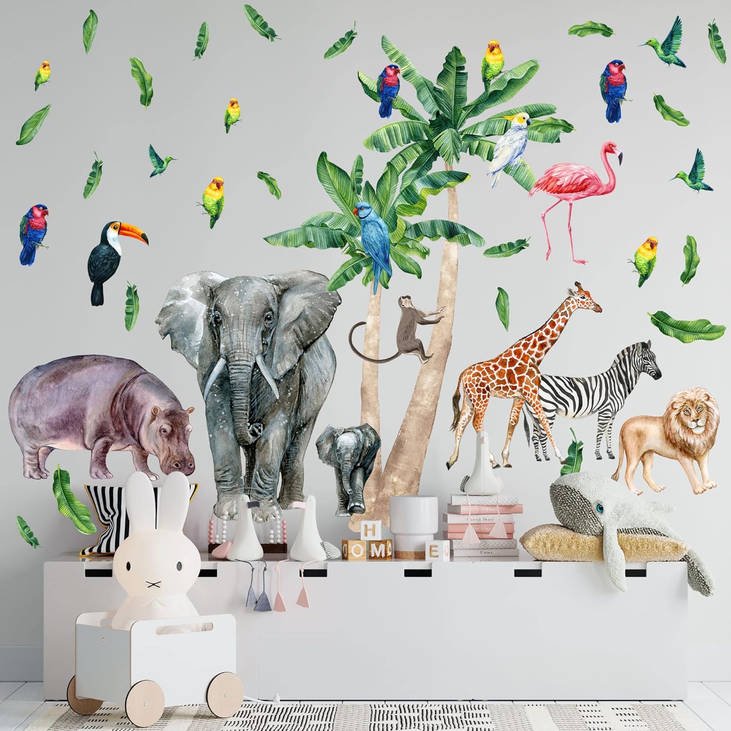 Large Safari Animal Wall Decals for Kids by Lipastick - 70 pcs Jungle Animal Wall Stickers - Creative Wall Decal for Children's Room Bedroom Nursery - Giraffe Elephant Hippo Palm Tree Parrot S Size