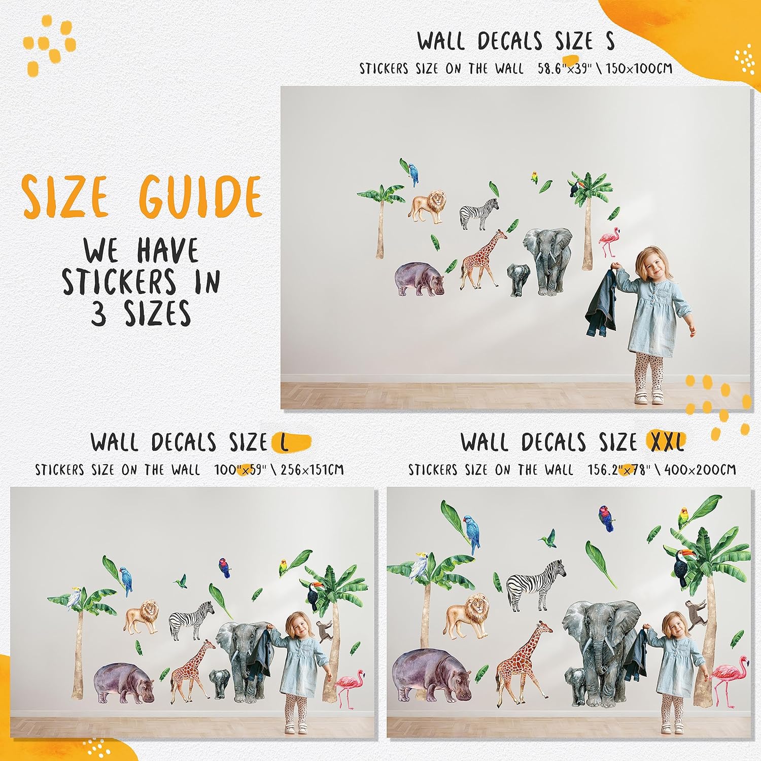 Large Safari Animal Wall Decals for Kids by Lipastick - 70 pcs Jungle Animal Wall Stickers - Creative Wall Decal for Children's Room Bedroom Nursery - Giraffe Elephant Hippo Palm Tree Parrot S Size
