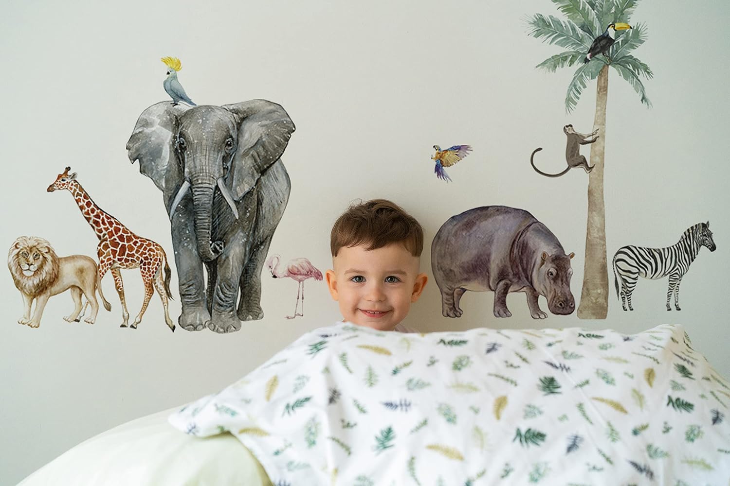 Large Safari Animal Wall Decals for Kids by Lipastick - 70 pcs Jungle Animal Wall Stickers - Creative Wall Decal for Children's Room Bedroom Nursery - Giraffe Elephant Hippo Palm Tree Parrot S Size