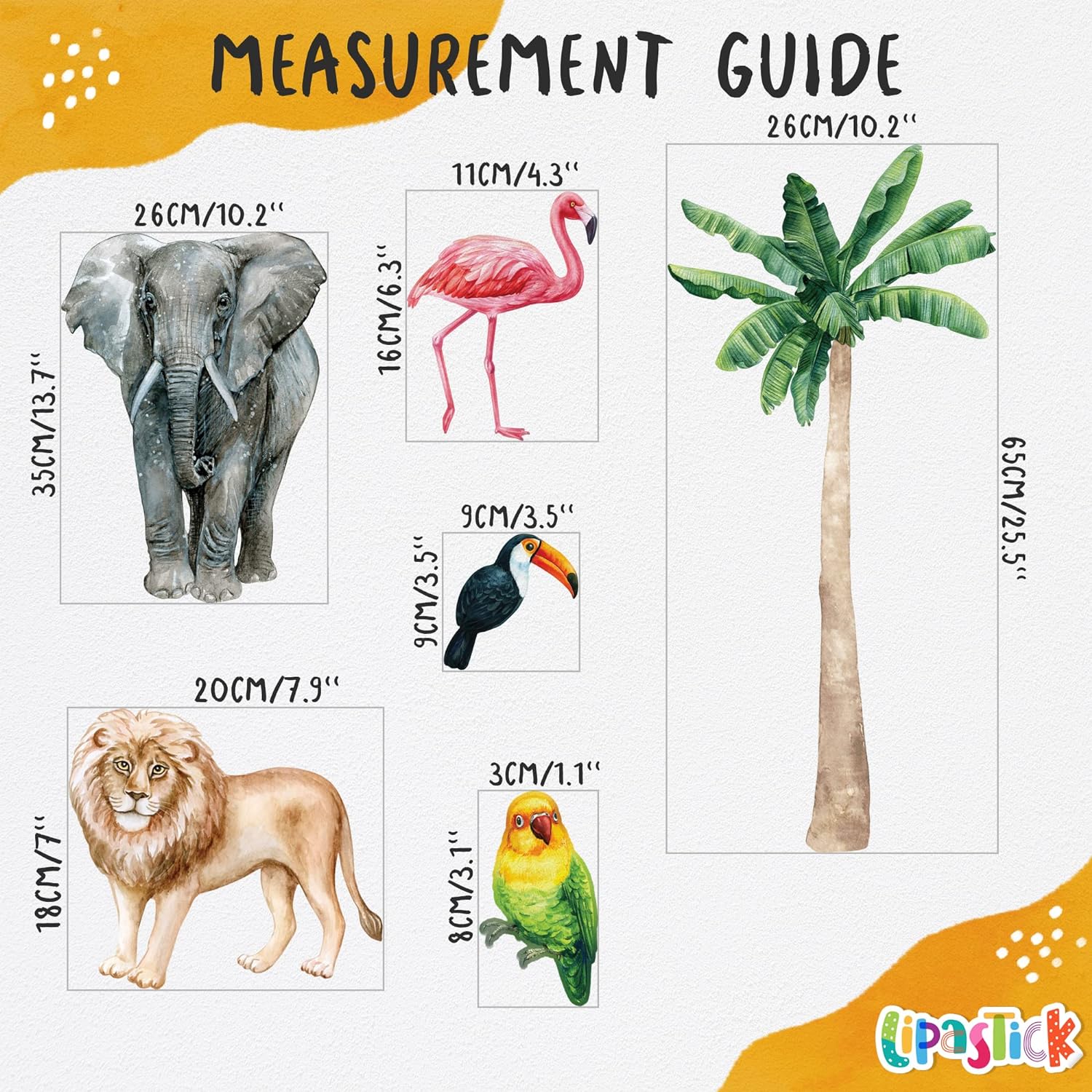Large Safari Animal Wall Decals for Kids by Lipastick - 70 pcs Jungle Animal Wall Stickers - Creative Wall Decal for Children's Room Bedroom Nursery - Giraffe Elephant Hippo Palm Tree Parrot S Size