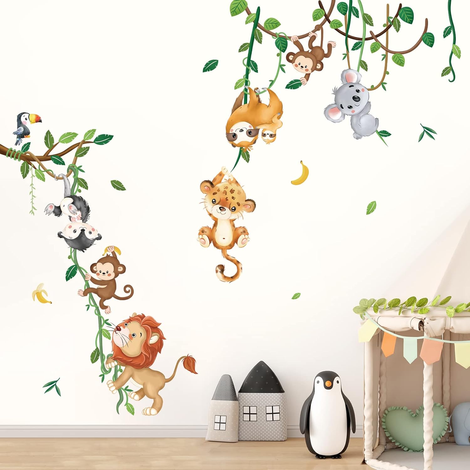 Jungle Animals Climbing Tree Wall Decals Monkey Lion Koala Tiger Wall Stickers Baby Nursery Kids Room Living Room Home Decor