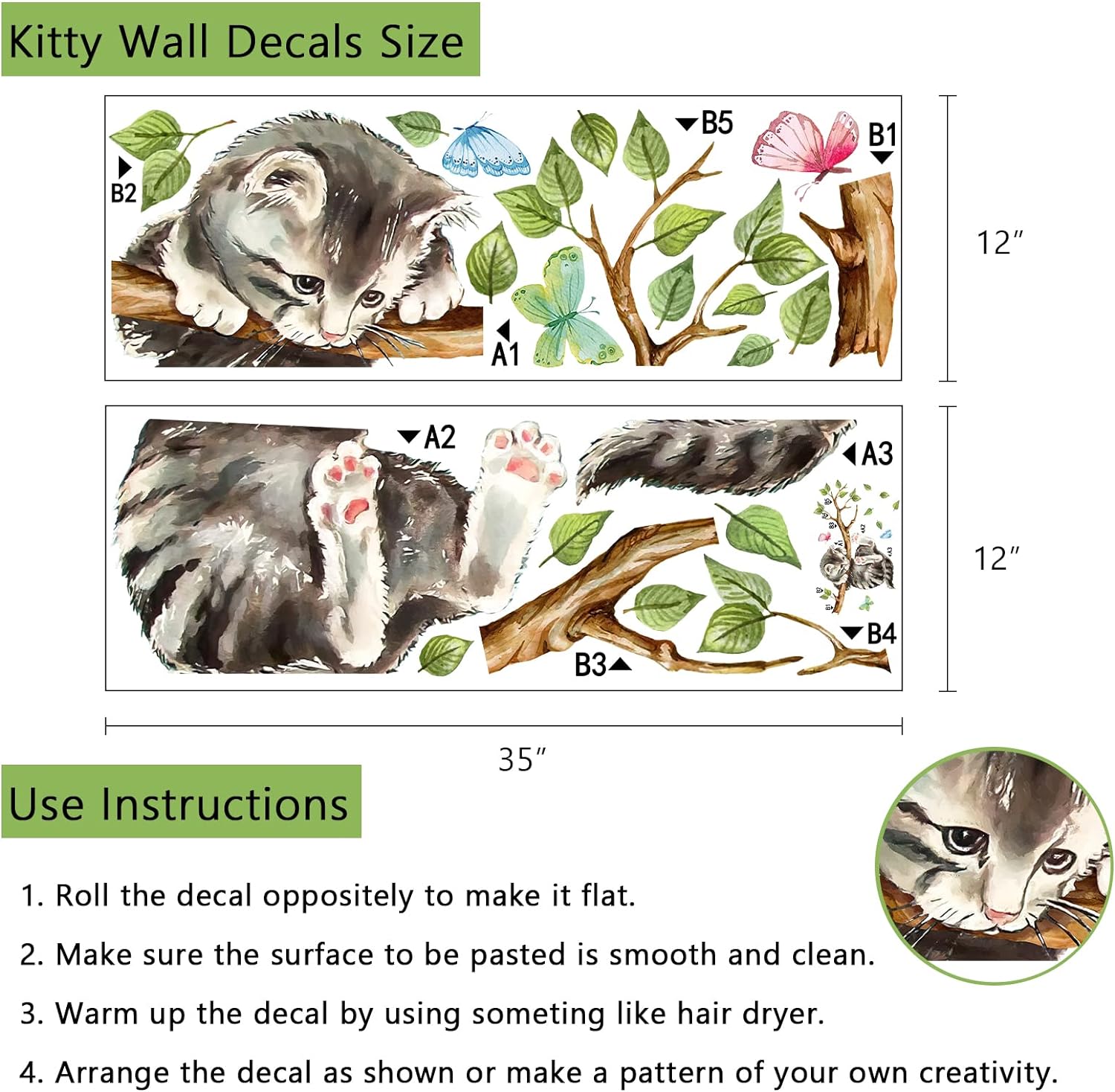 Yovkky Cat on Tree Branches Wall Decals Stickers, Kitty Animal Nursery Decor, Green Leaves Baby Kids Bedroom Home Decorations Art