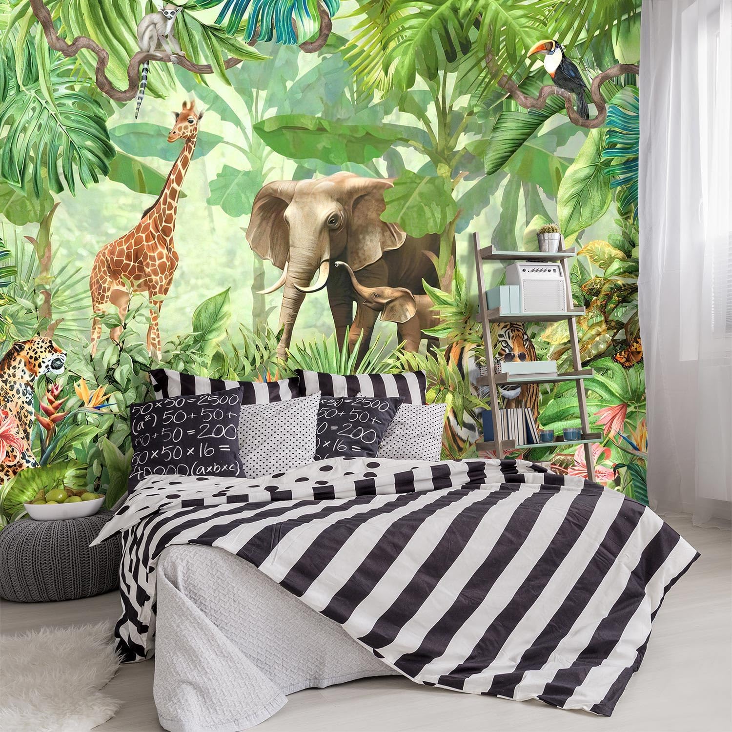 YIHWM -Green Rainforest Plants Animals Tiger Cloth Wallpaper Jungle Plants Banana Leaves Boys Girls Kindergarten Children's Room Large Mural- 91"x65"