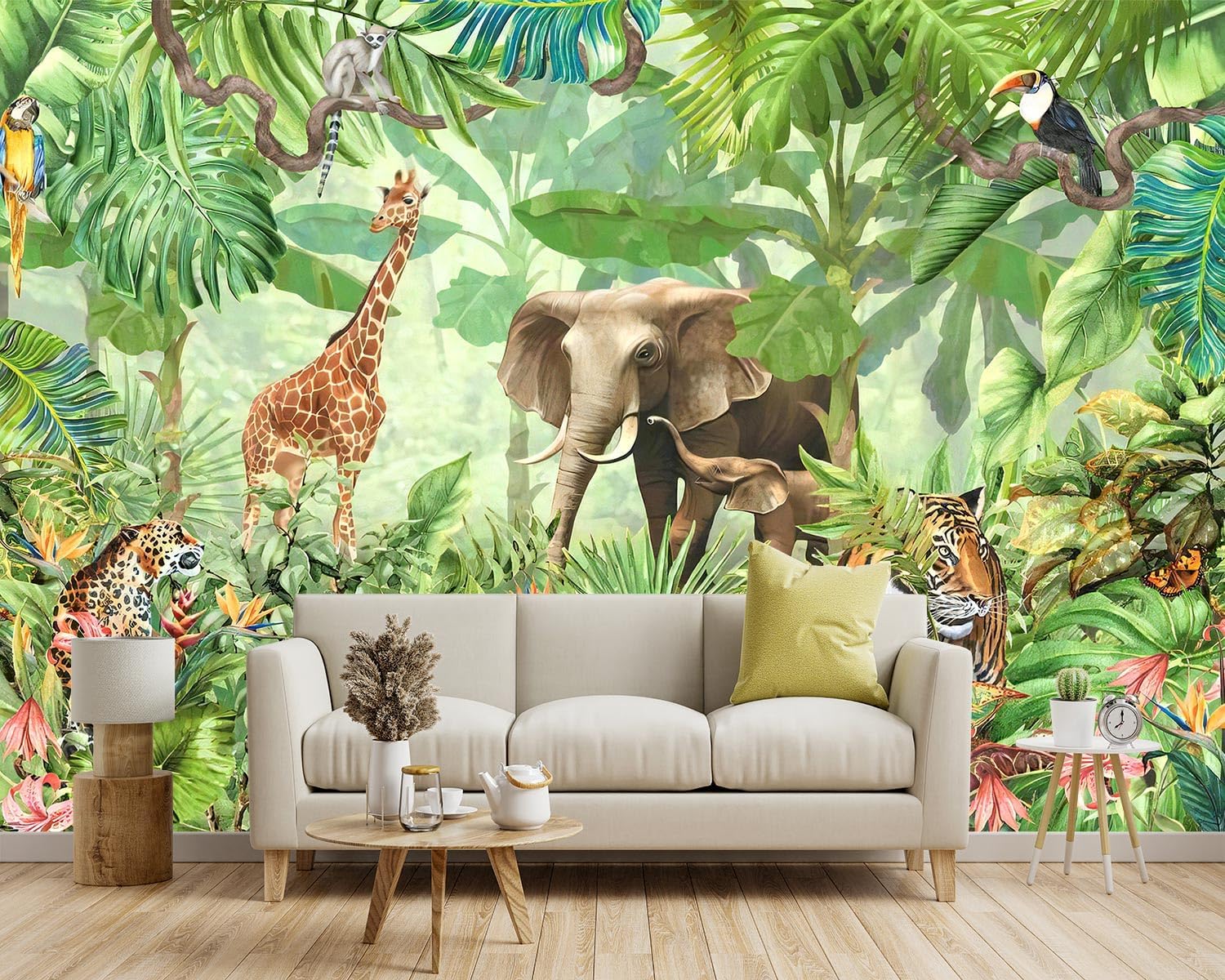 YIHWM -Green Rainforest Plants Animals Tiger Cloth Wallpaper Jungle Plants Banana Leaves Boys Girls Kindergarten Children's Room Large Mural- 91"x65"